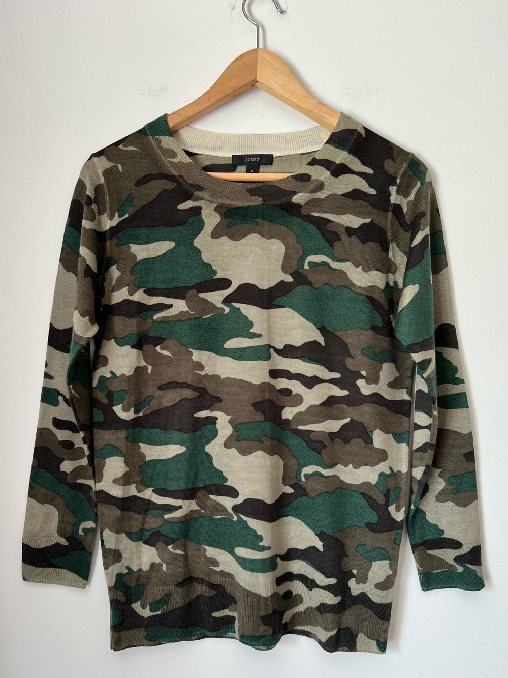 J. Crew Women’s Crewneck 100% Merino Wool Sweater Green Camo Fall NEW